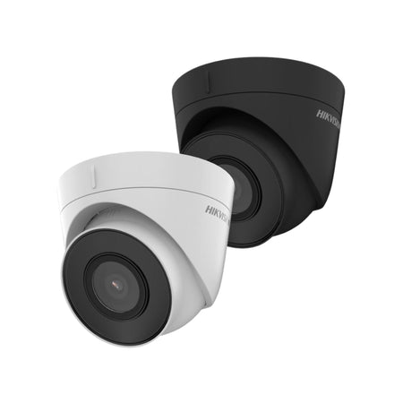 Two Hikvision Fixed Turret Network Camera. One is in White Color. other is in Black Color.