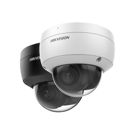 Two Hikvision Fixed Dome Network Camera. One is in White Color. Other is in Black Color.