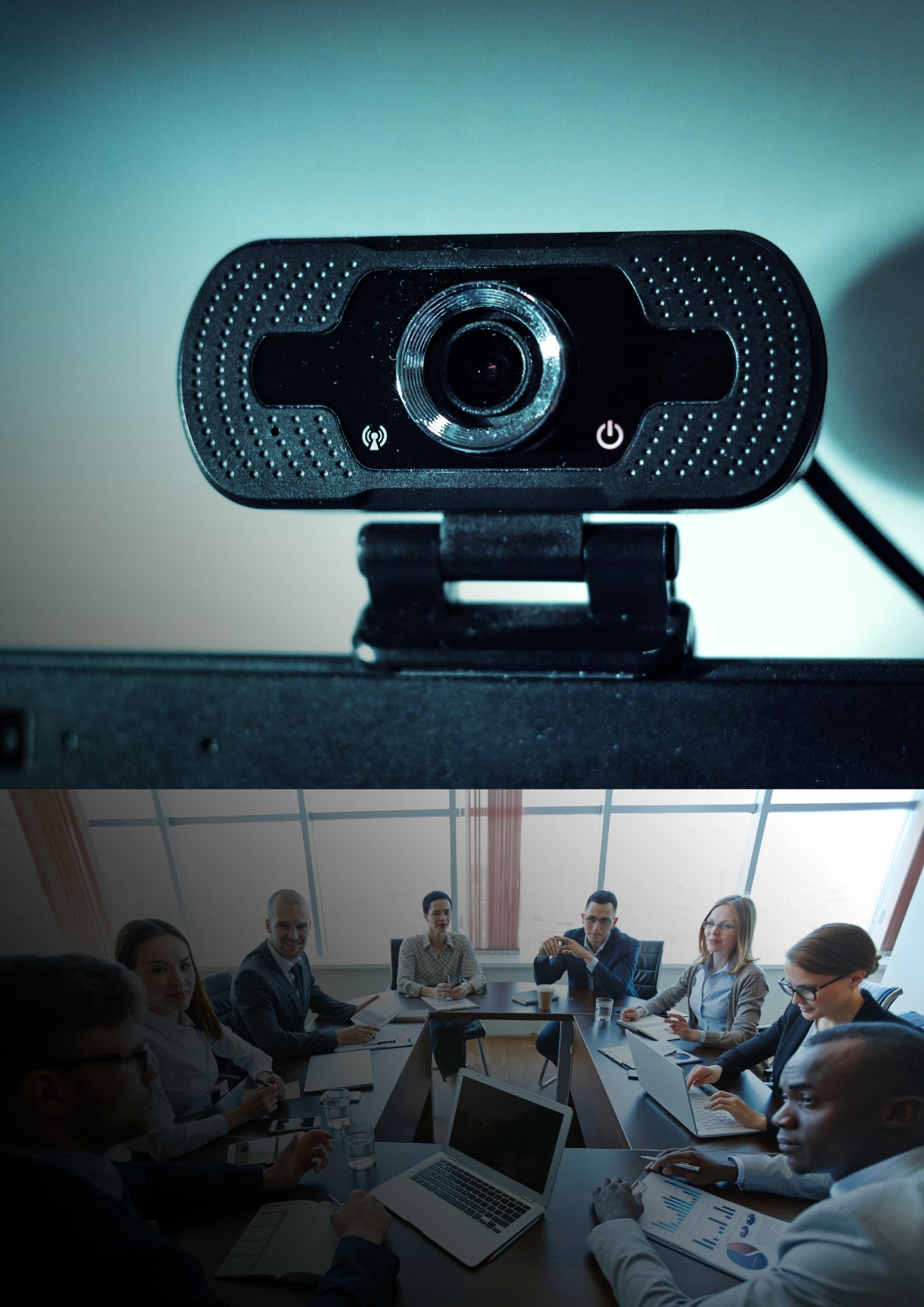Two images: a business webcam and an employee in a conference meeting.

