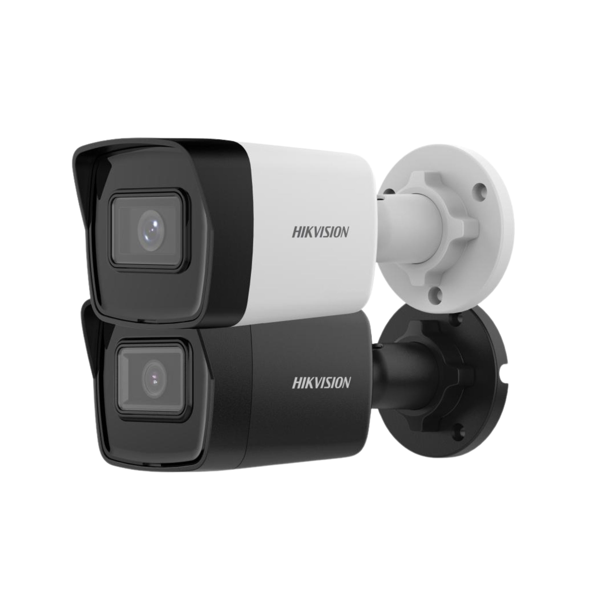 Two Hikvision Fixed Bullet Network Camera. One is in White Color. Other is in Black Color