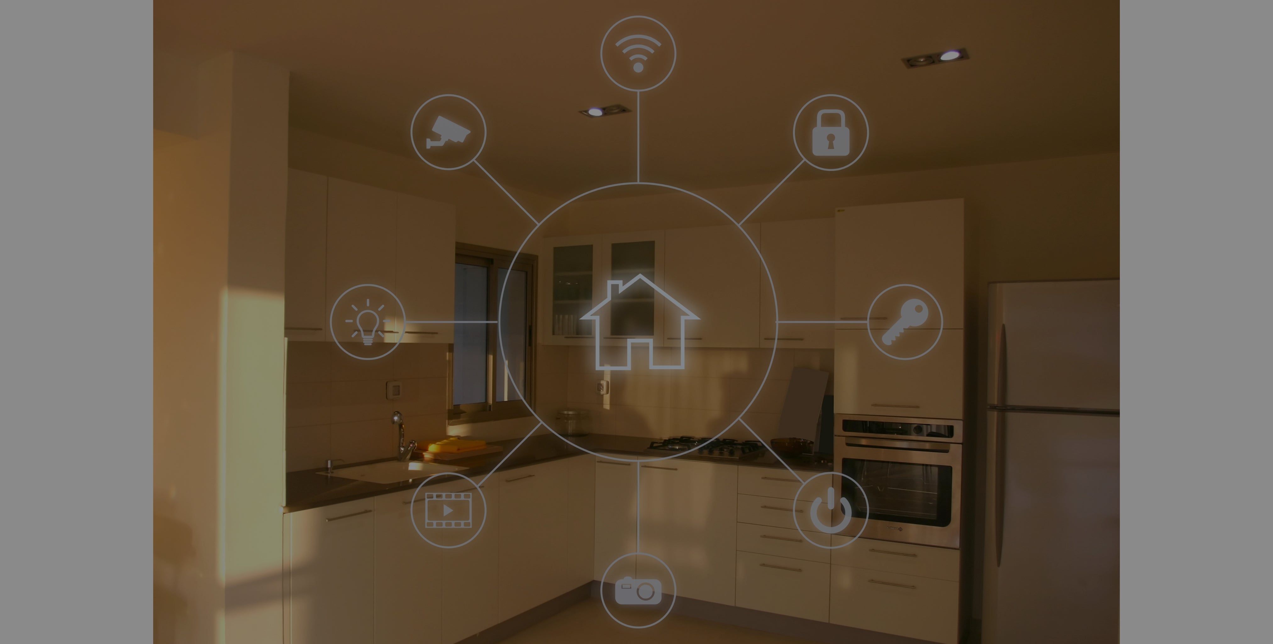 Image of a home kitchen with a circular icon highlighting smart home options.